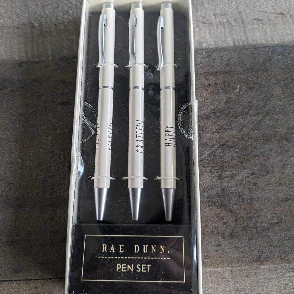 Rae Dunn Ball Point Pen Box Gift Set of 3 Blessed Grateful Happy Writing Pens